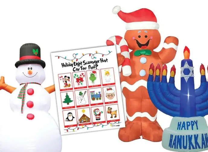 Holiday scavenger hunt with a snowman, gingerbread man, and menorah inflatables