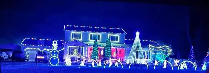 House decorated with a variety of blue and white Christmas lights including a snowman and reindeer display.