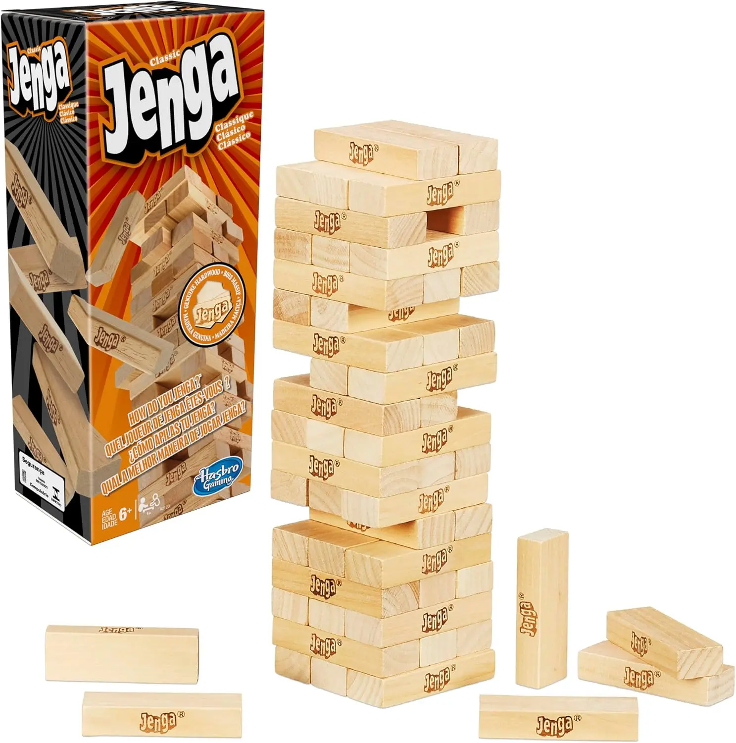 Jenga game tower with box and loose blocks
