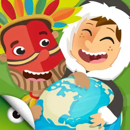 Two cartoon children in traditional outfits hold up a globe of the Earth.