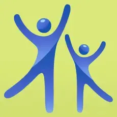 Two blue figures with arms raised against a yellow background.