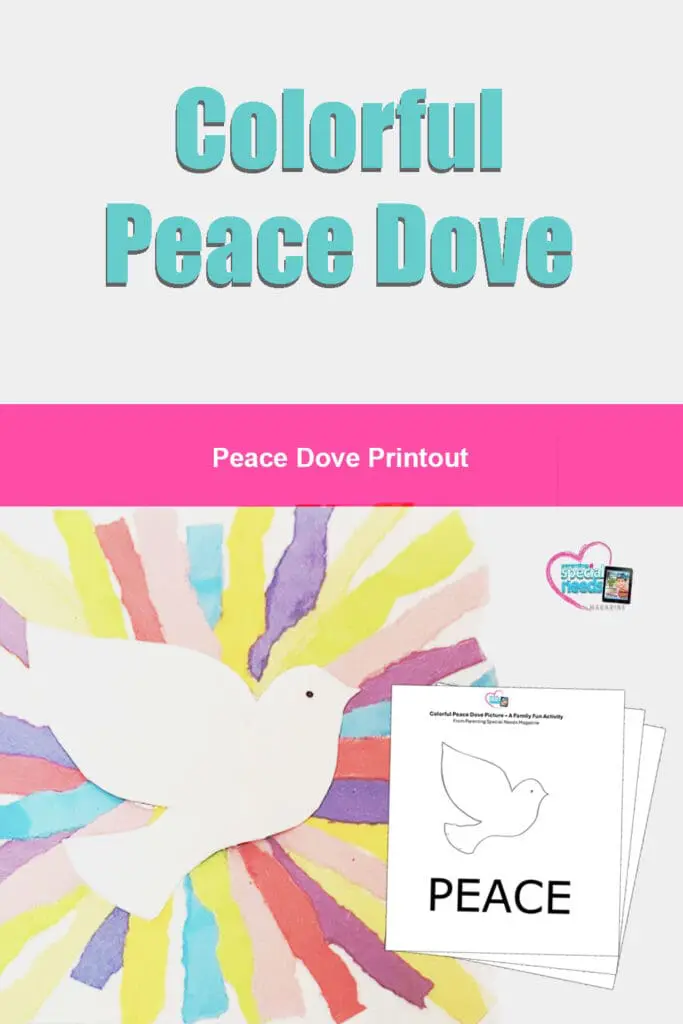 Colorful peace dove with radiating colorful paper strips and a peace dove printout.
