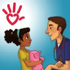 A doctor talks to a young girl holding a stuffed pig, with a red handprint logo above them.