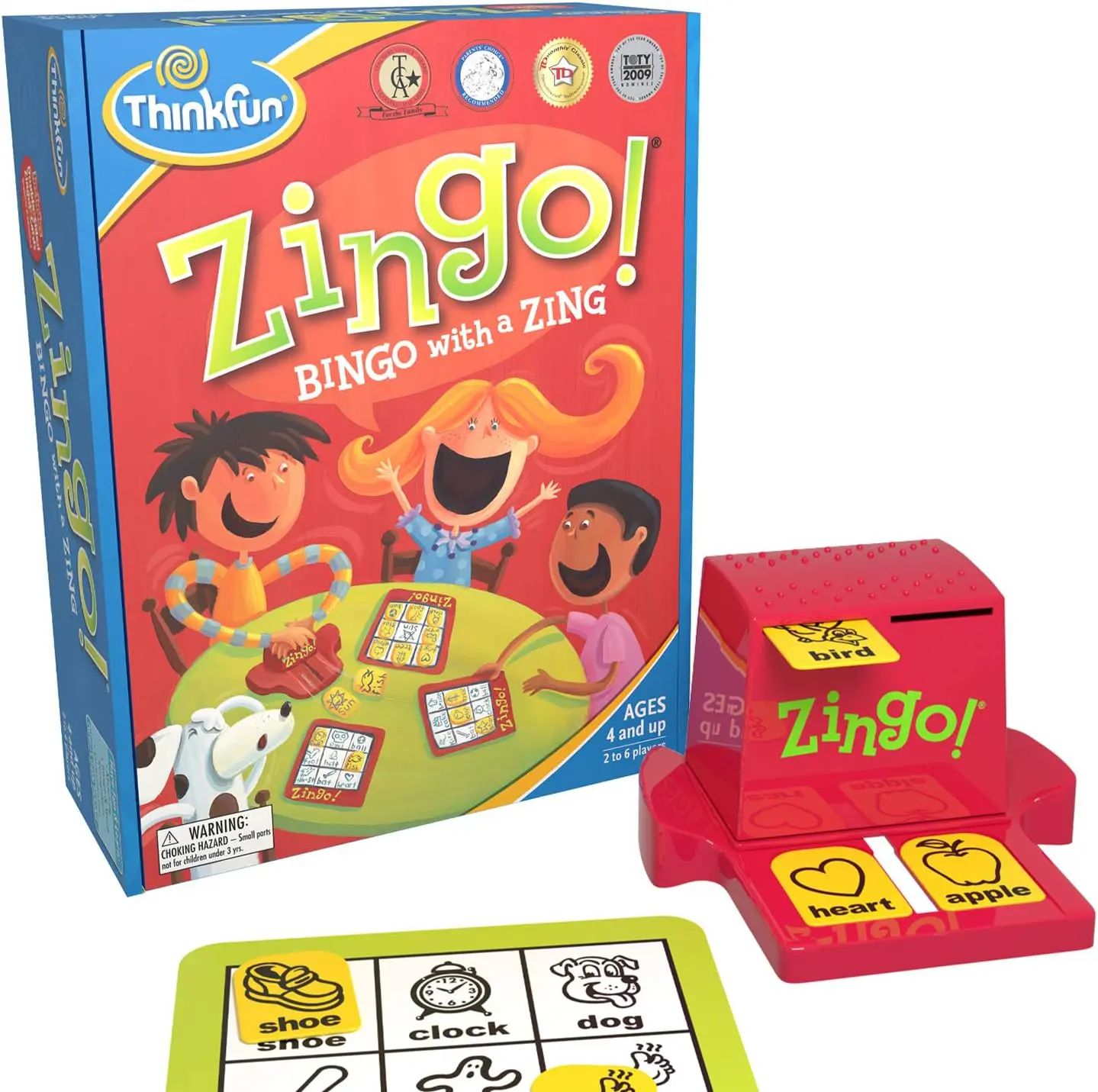 ThinkFun Zingo Bingo Award Winning Preschool Game box with game tiles and a tile dispenser