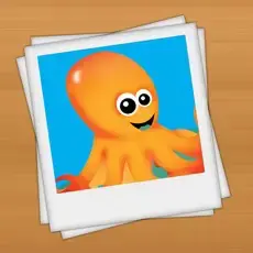 Smiling orange octopus on a blue background within a polaroid frame.