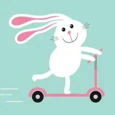 White bunny on a pink scooter against a blue background.