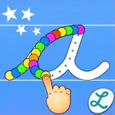A finger traces a cursive letter 'A' made of colorful circles, with stars in the background.
