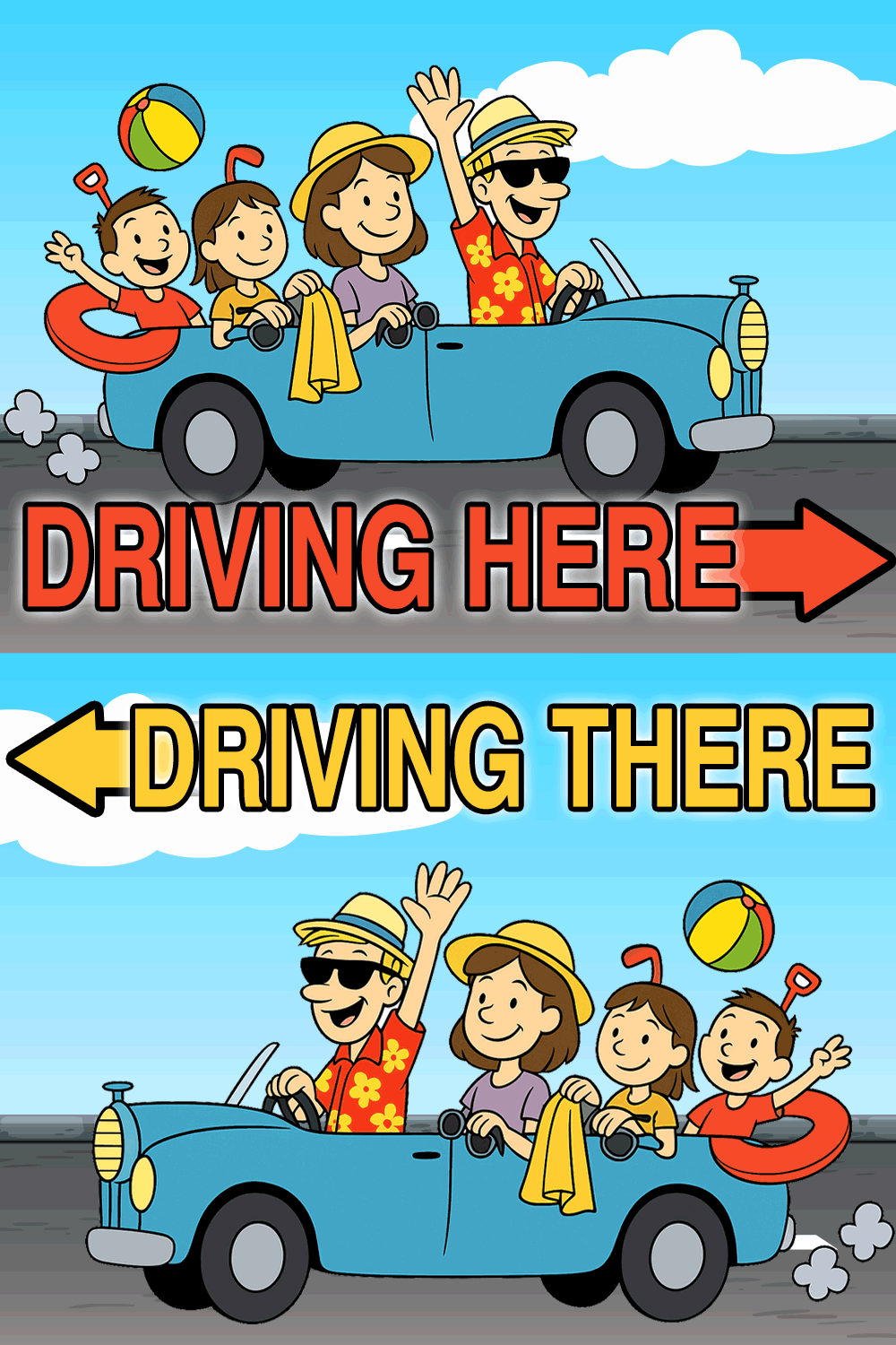 A family drives in a blue convertible, with text indicating "DRIVING HERE" and "DRIVING THERE.