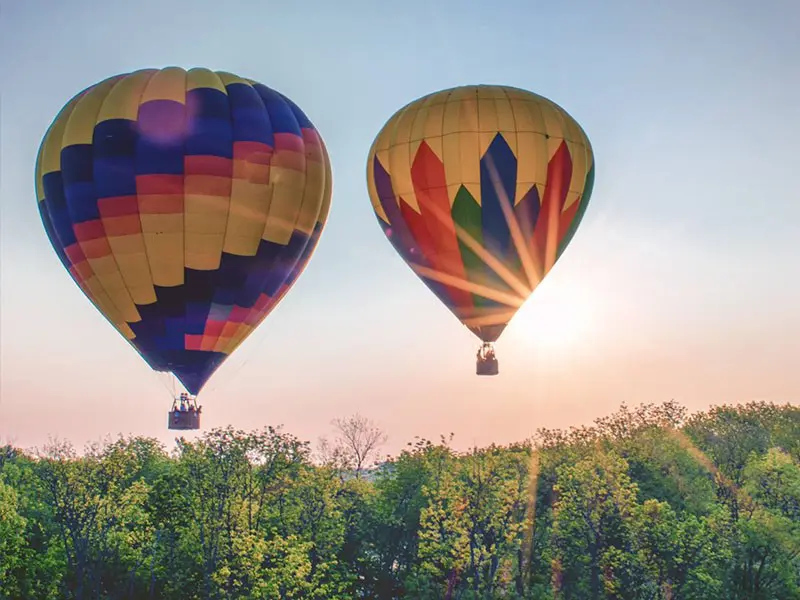 Two hot air balloons float above a treeline at sunrise