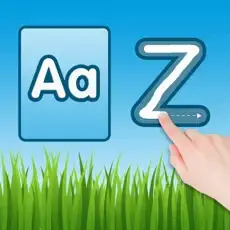 Tracing the letter Z on a screen with a finger, next to a box showing "Aa