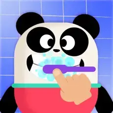 Cartoon panda brushing its teeth with a purple toothbrush.
