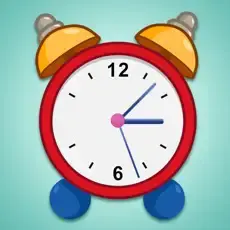 Red alarm clock with two bells and blue feet, set to 4:10.
