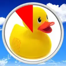 Yellow rubber duck with a red wedge on its head inside a circular frame.