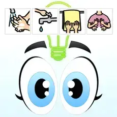 Four icons depict handwashing steps above cartoon eyes and a lightbulb.