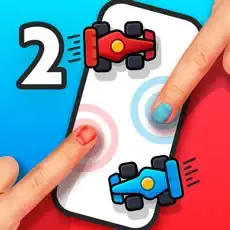 Two fingers race red and blue cars on a phone screen.