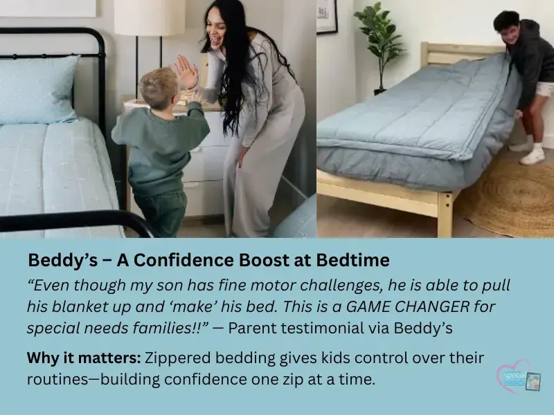 Parent and child demonstrating how easy it is to use zippered bedding to make a bed independently.