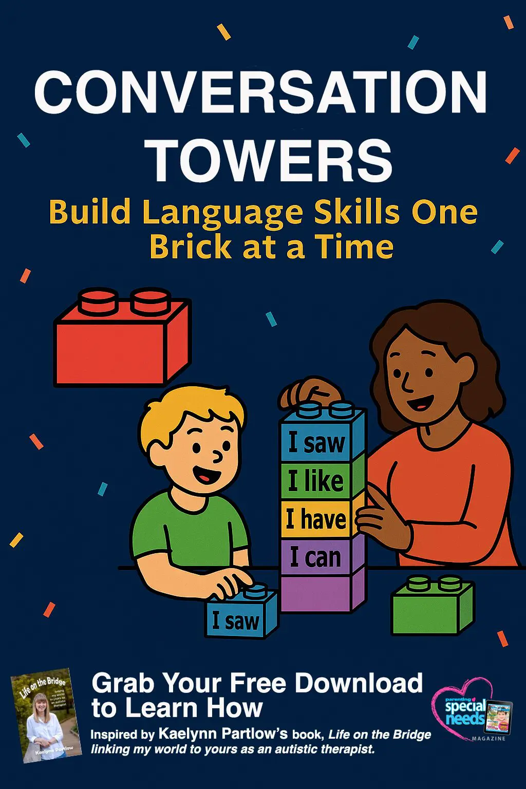 Cover for "Conversation Towers: Build Language Skills One Brick at a Time" featuring children building with blocks.