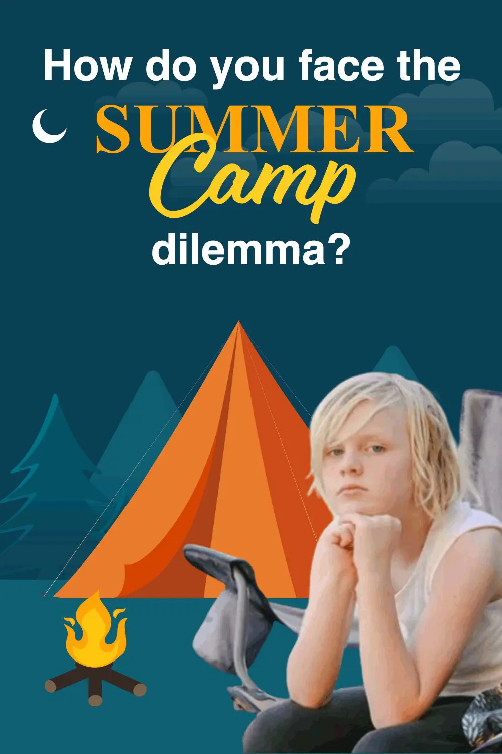 A young person sits with a thoughtful expression at a campsite with a tent and campfire.