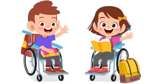 Two children in wheelchairs, a boy waving and a girl reading a book, with backpacks and bags.