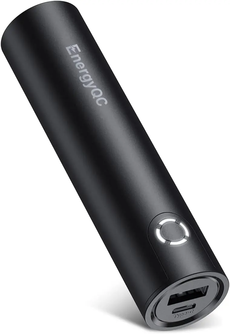 EnergyQC Fast Charging Portable Charger with a USB port and power button.