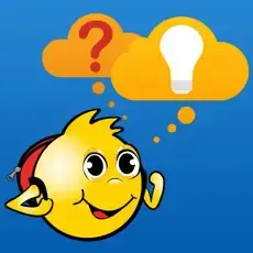 A cartoon character with a backpack and a thought bubble containing a question mark and a lightbulb.