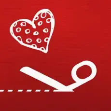 A white heart with polka dots floats above white scissors cutting a dotted line on a red background.