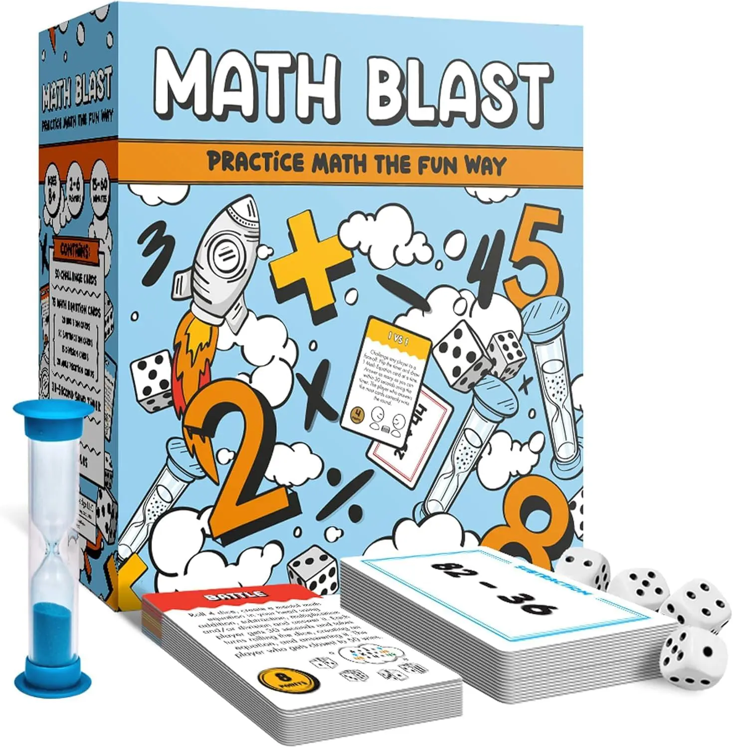 Math Blast game box with dice, cards, and hourglass