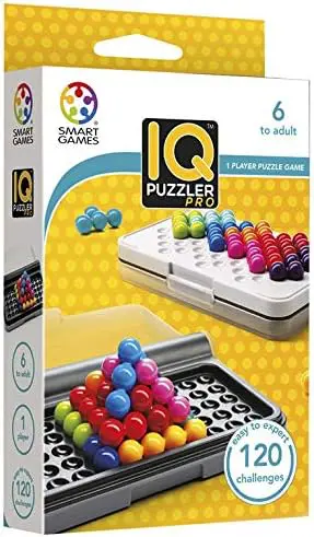 SmartGames IQ Puzzler Pro box showing colorful game pieces and a challenge board.