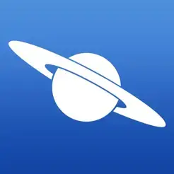 A white graphic of a planet with a ring around it on a blue background.