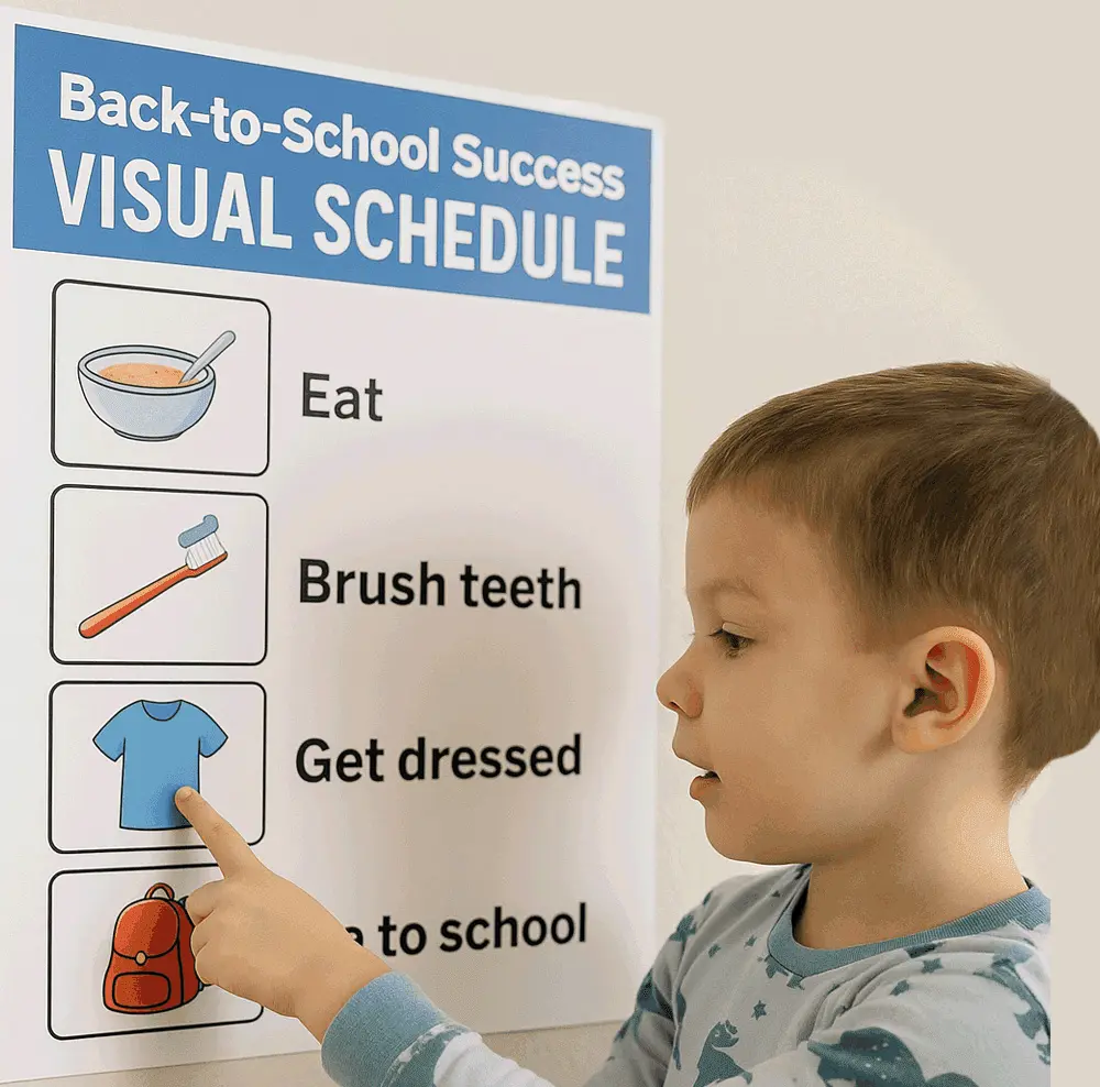 Visual schedule for back-to-school success lists eating, brushing teeth, getting dressed, and going to school.