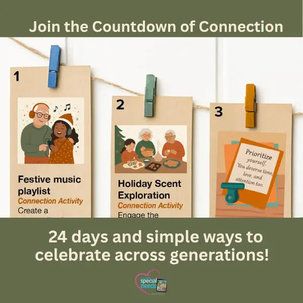 Three cards hanging on a string with clothespins, each displaying a holiday connection activity.