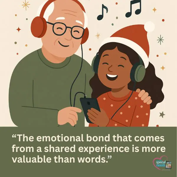 An older man and a young girl wearing headphones share a phone, with musical notes above them.