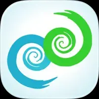 Two interlocking blue and green spirals on a white background.
