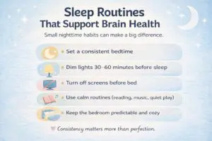 Sleep routines that support brain health with five listed habits.