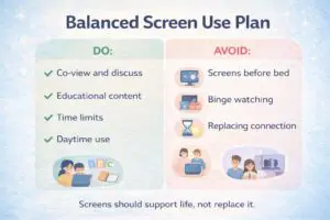 Balanced Screen Use Plan with DO and AVOID sections and illustrations.