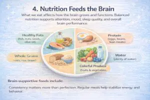 Diagram showing brain-supportive foods including healthy fats, protein, water, colorful produce, and whole grains.