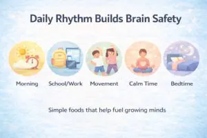 Five circles illustrate "Daily Rhythm Builds Brain Safety" with icons for Morning, School/Work, Movement, Calm Time, and Bedtime.