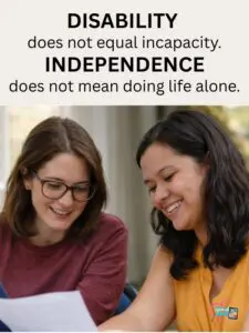 Two women smiling while looking at a document.