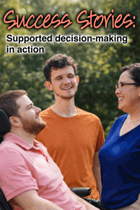 Barrett in a wheelchair with two other people, all smiling outdoors.