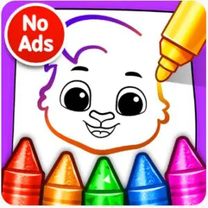 Drawing Games Draw And Color app icon with a cartoon face being colored by a marker and crayons below.