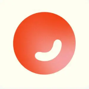 A red circle with a white curved shape resembling a smile or a checkmark inside.