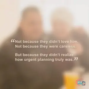 Two blurred figures sit with an orange drink while a quote about planning is superimposed over them.