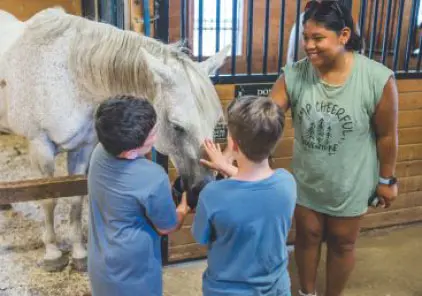 Children pet a white horse in a stall with a woman smiling nearby.