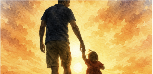 A father and child hold hands against a vibrant orange and cloudy sky.