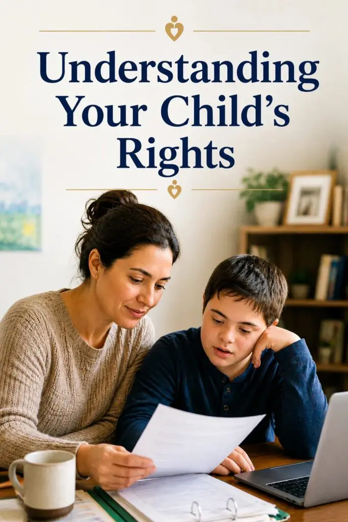 An adult woman and a young boy look down at documents together.
