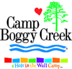 Camp Boggy Creek logo with a tree, heart, and wavy lines.