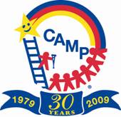 Camp Boggy Creek logo with rainbow, star, ladder, and stick figures celebrating 30 years.
