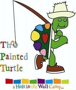 Cartoon turtle wearing a hat and carrying a fishing pole with a colorful shell.