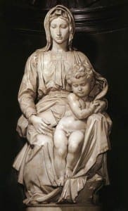 Madonna and child sculpture in marble, representing maternal love and strength.