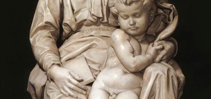 Madonna and child sculpture in marble, representing maternal love and strength.